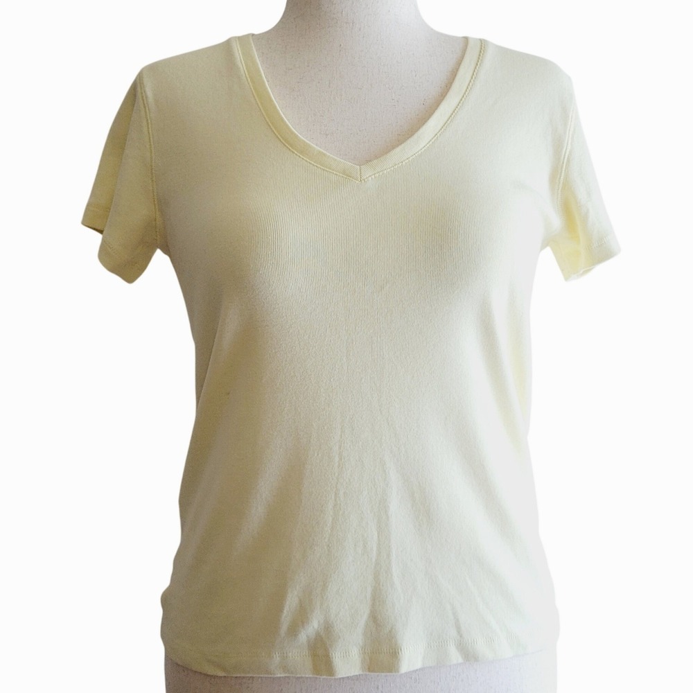 Vintage Y2K Gap Butter Yellow V-Neck T-Shirt Women's L, Cotton, Minimalist Indie